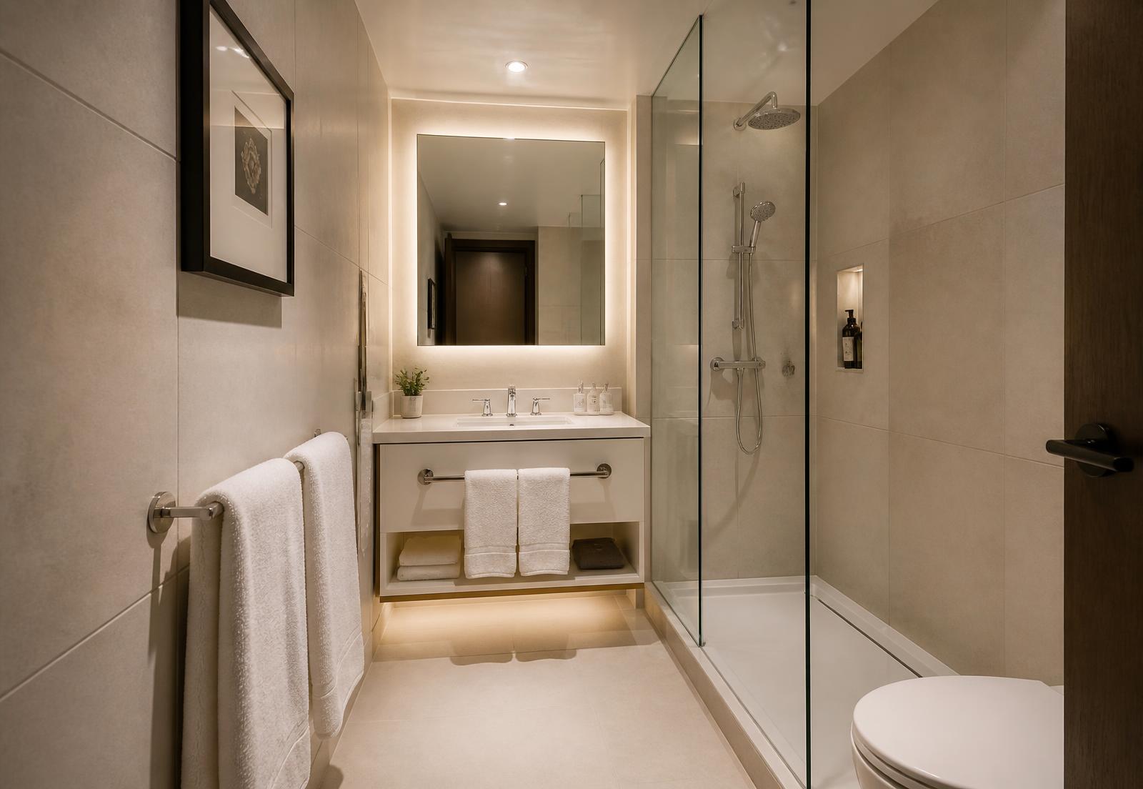 Finished hotel bathroom after renovation