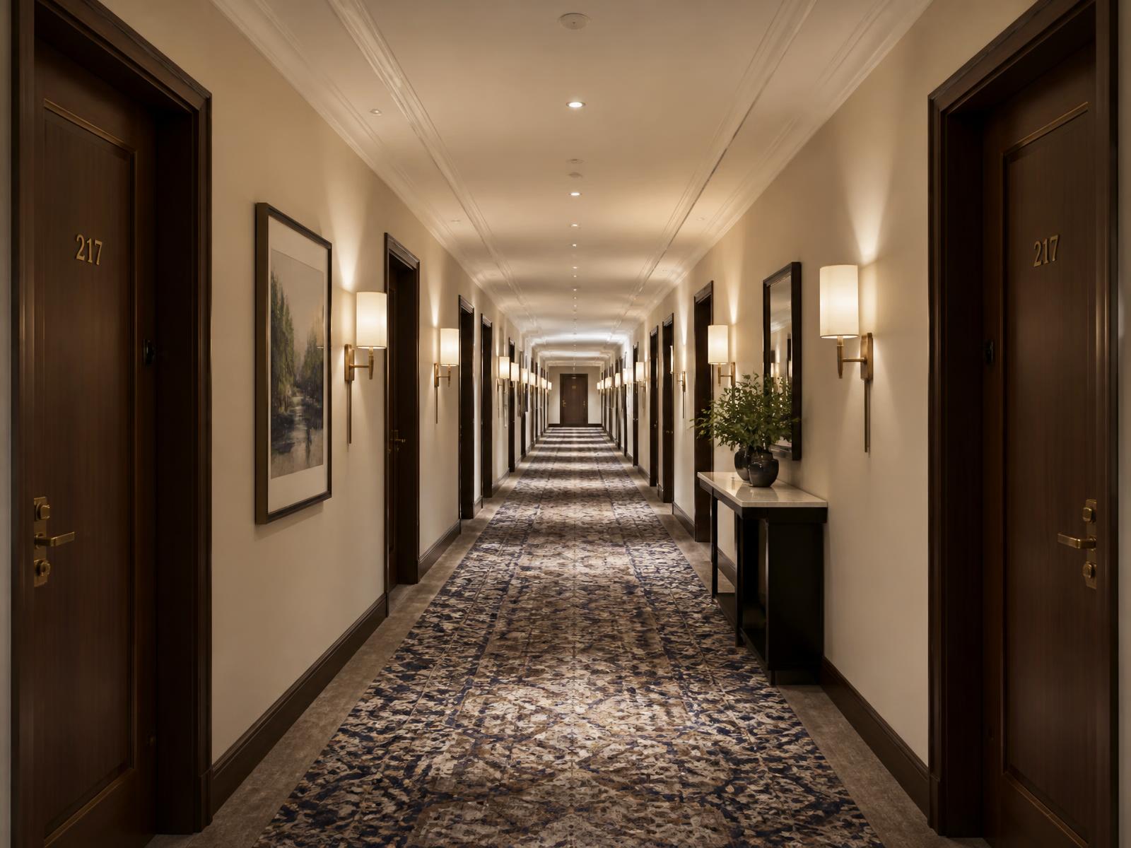 Renovated hotel corridor with new carpet, doors and lighting