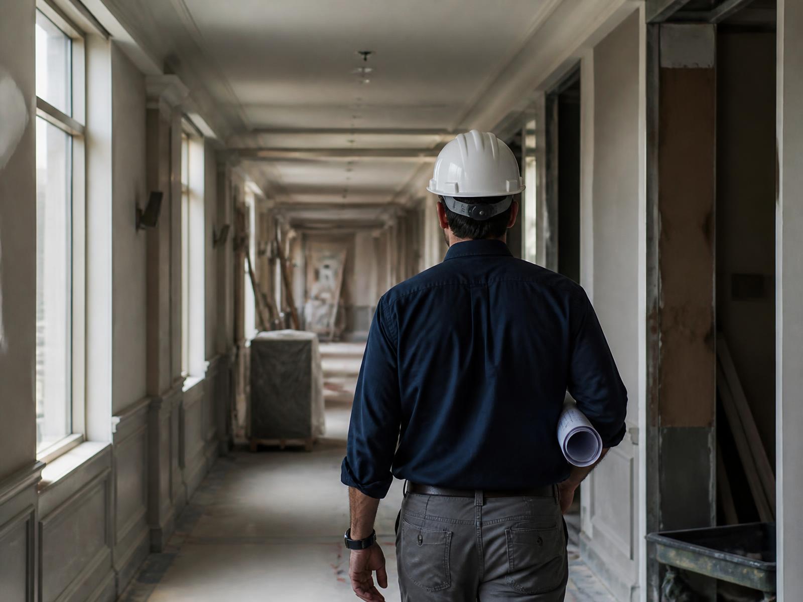 Renovation supervisor walking an in-progress hotel corridor